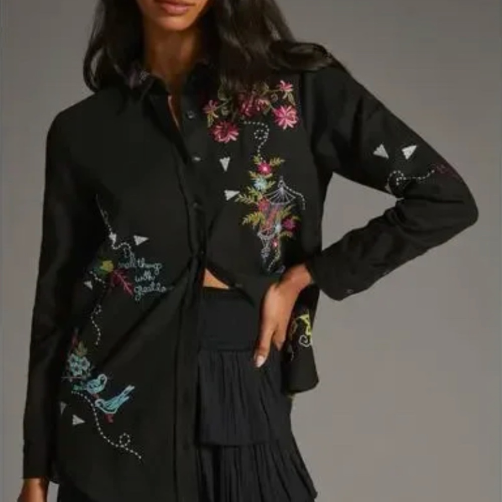 Anthropologie Pilcro Black Blouse Embroidered Buttondown Shirt Size M